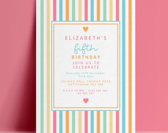 5th Birthday Invitation Template, Fifth Rainbow Stripe Editable Invite, Pastel Digital Download, 5 Year Old Kids Printable Card