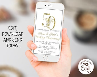 Paperless Electronic Anniversary Invitation Digital 50th Wedding Anniversary Invitation  Editable Anniversary mobile phone invite Template