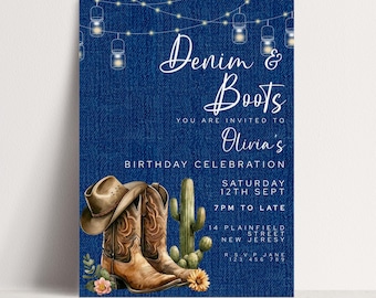 Invitación de cumpleaños editable de mezclilla y botas: plantilla rústica de estilo country western, fiesta de vaquera con cactus, descarga instantánea e imprimible.