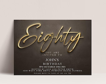 80th Birthday Invitation Template Editable 80th Printable Template Black Gold Editable Digital Download