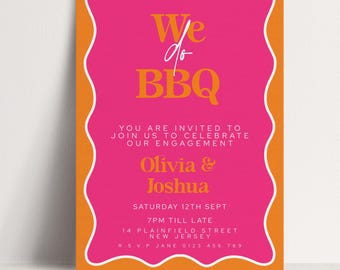 Editable We Do BBQ Engagement Invitation: Bold Pink Orange Design - Printable Template, Digital Download, Couples Celebration