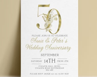 50th Anniversary Invitation Editable: Gold Floral Number Design, Printable Digital Template (5x7 Inches, Instant Download)