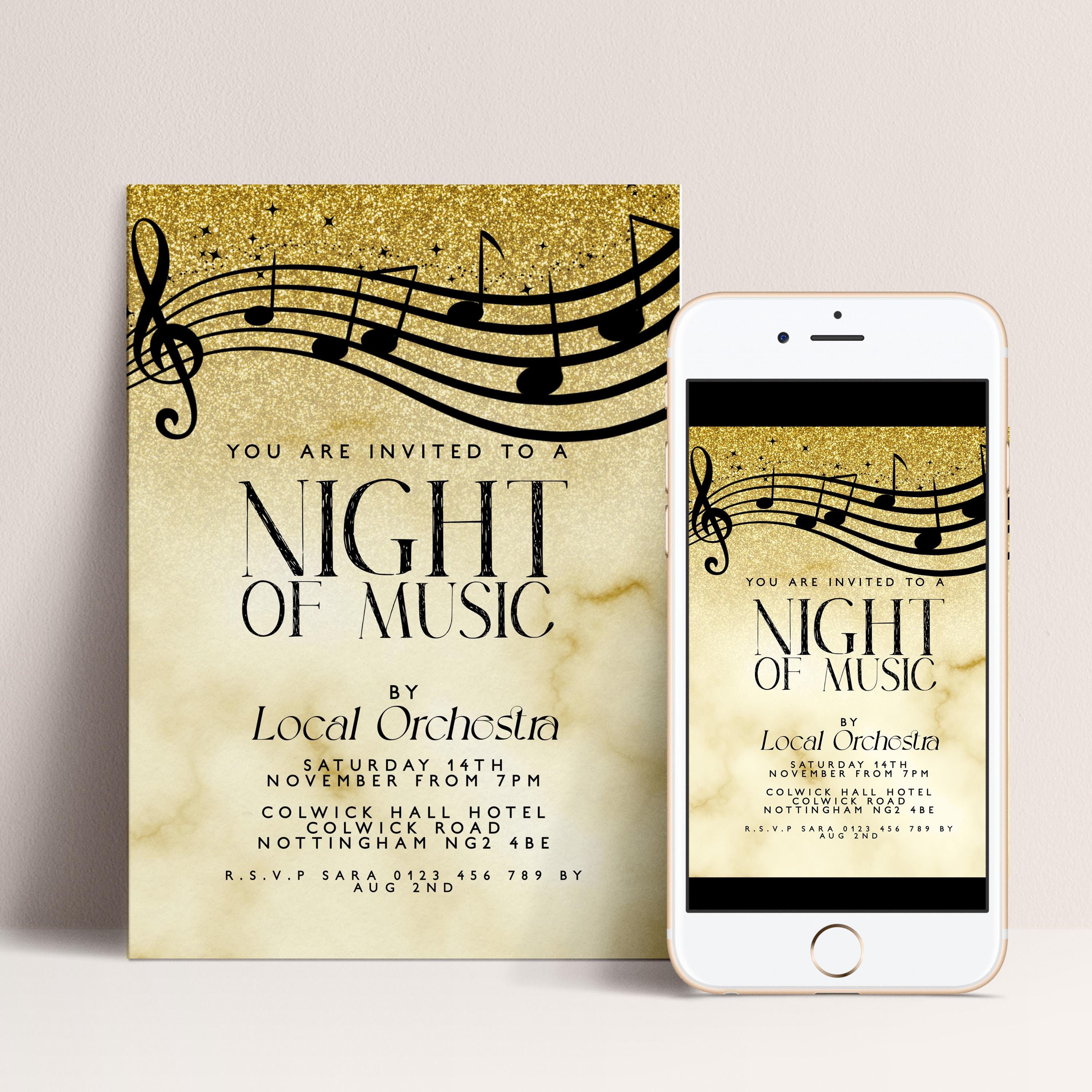 洋楽 Invitation to Screen and Popular Music Music Event Invite Elegant Concert Invitation, Gold Black Design