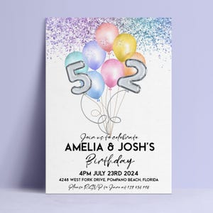 Geschwister-Geburtstags-Einladung Ballon-Vorlage: Regenbogen Silber Glitter Party einladen (editierbar, Instant Download, druckbar 12 x 18,5 cm)