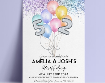 Sibling Birthday Invitation Balloon Template: Rainbow Silver Glitter Party Invite (Editable, Instant Download, Printable 5x7")