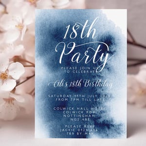 18th Invitation Printable 18th Birthday Invitation  Indigo Watercolor 18th Birthday Invite Instant Download  Printable