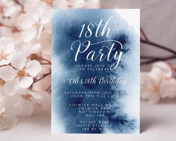 18th Invitation Printable 18th Birthday Invitation  Indigo Watercolor 18th Birthday Invite Instant Download  Printable