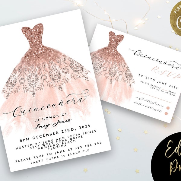 Quinceanera Invitation Plus RSVP Rose Gold 15th Birthday Dress Glitter Editable Instant Download Printable Corjl Template Quince Invite