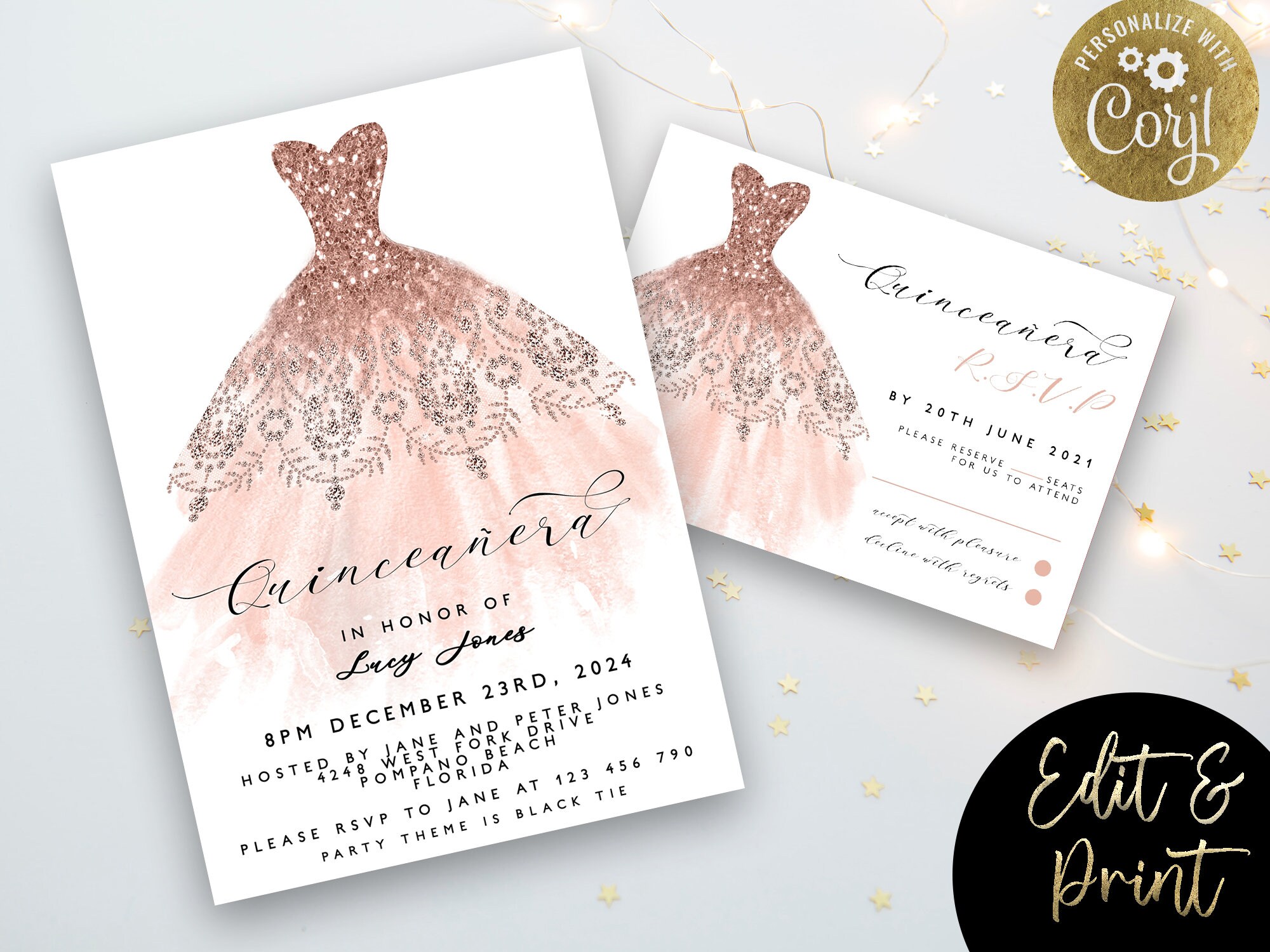 Quinceanera Invitation Plus RSVP Rose Gold 15th Birthday Dress Etsy