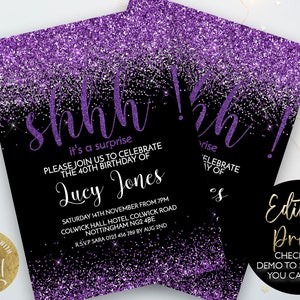 Purple Invitation Shhh it&#39;s a Surprise Party Birthday Surprise Birthday Invitation Woman Birthday Invitation 40th birthday 50th 30th