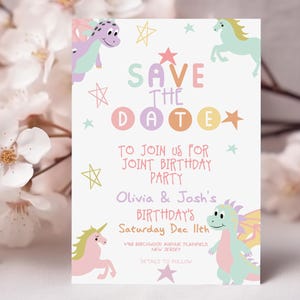 Einhorn und Drache Save the Date Template Gemeinsame Geburtstagspastellparty Bearbeitbares Corjl Einladen für Kinder Digitaler Download Süßes Fantasy-Thema