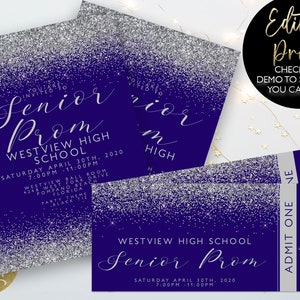 Bearbeitbare Abschlussball-Einladungen Tickets Abschlussball einladen Preisnacht einladen Ereignis einladen Tickets Navy Silber druckbare bearbeitbare Sofort-Download