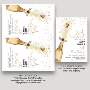 May include: A white invitation with a champagne bottle illustration. The invitation reads "Let's Celebrate!" and includes details for a 40th birthday party, including the name "Lucy Jones".