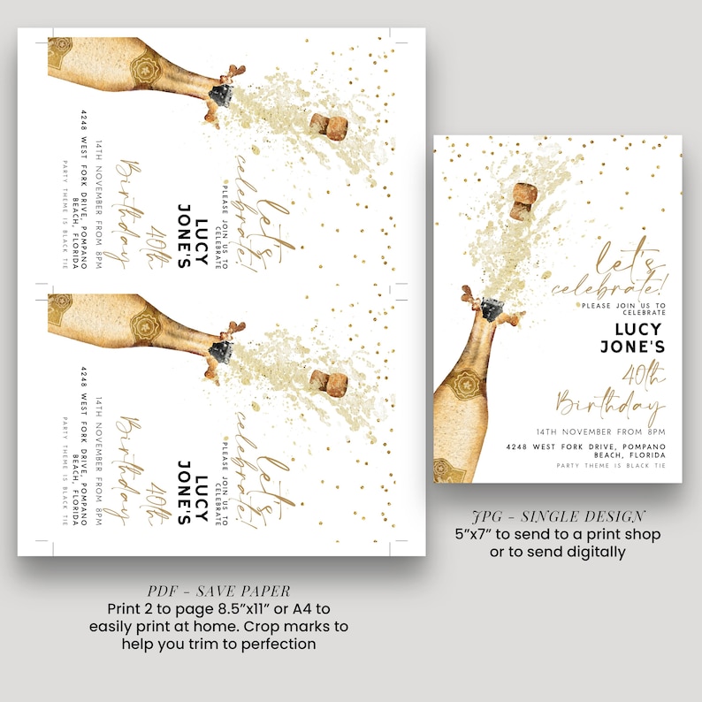 May include: A white invitation with a champagne bottle illustration. The invitation reads "Let's Celebrate!" and includes details for a 40th birthday party, including the name "Lucy Jones".