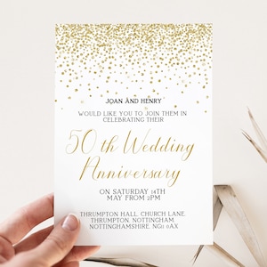 Elegante modello di invito per il 50° anniversario di matrimonio con glitter oro, modificabile e stampabile, invito personalizzabile per la festa di anniversario