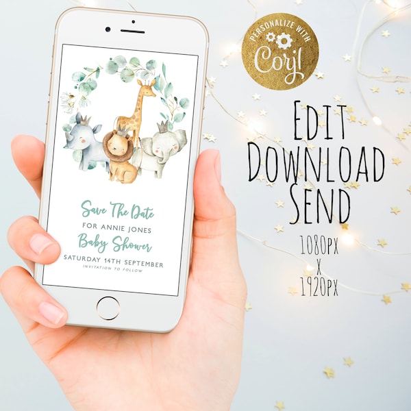 Digital Safari Baby Shower Save The Date  Jungle Baby Shower invite mobile phone Save The Date  Digital Party Invite Template SMS Invitation