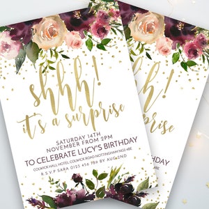 Shhh it's a Surprise Party Birthday Invitation Burgundy Floral Surprise Birthday Invite Birthday Invitation 40th birthday 50th 30th