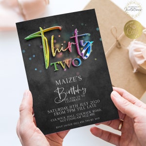 Editable 32nd Birthday Invitation for Her, Rainbow Digital Invite for Woman, Modern Party Template, Instant Download & Easy to Edit RS19