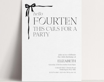 14th Birthday Invitation Template Hello Fourteen Party Printable Template, Bow Invite, Editable Digital Download