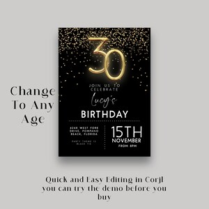 30th Birthday Invitation Black Gold Editable Template 30 Years Party ...