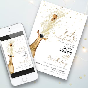 Champagne bewerkbare Let's Celebrate verjaardagsuitnodiging, witte en gouden afdrukbare verjaardagsuitnodiging, downloadbare feestsjabloon CH90