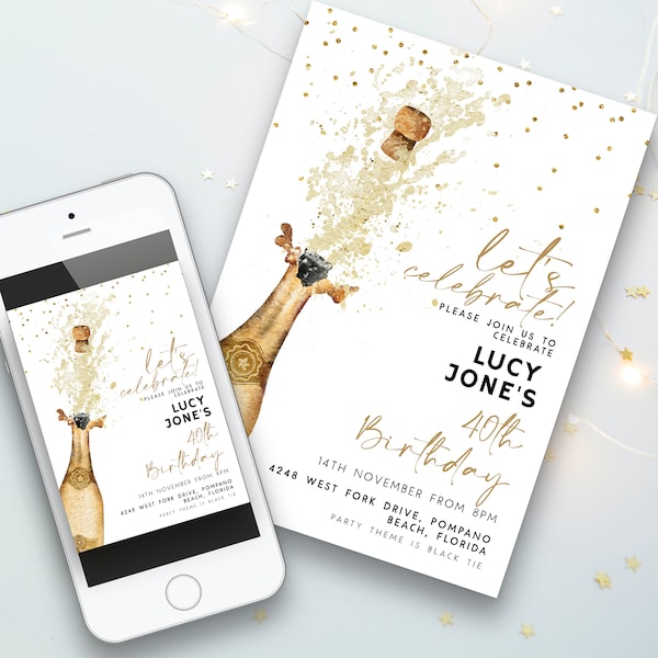 Champagne Editable Let's Celebrate Birthday Invitation, White and Gold Printable Birthday Invite, Downloadable Party Template CH90