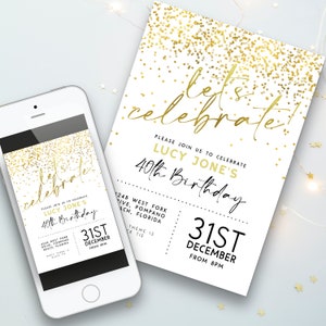 Editable Let's Celebrate Birthday Invitation, White and Gold Printable Birthday Invite for Men or Ladies, Downloadable Party Template