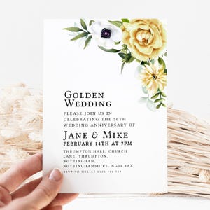 Invitación para bodas de oro – Invitación para fiesta de 50 aniversario – Elegante plantilla floral imprimible – PDF o JPG editable