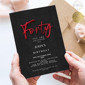 40th Birthday Invitation Editable 40th invite Red and Black invitation Simple Elegant For Him or Her  Instant Download Printable SE19