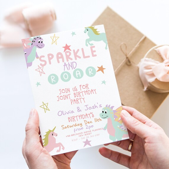 Sparkle and Roar Birthday Invitation Joint Unicorn and Dragon Party Editable Corjl Template Pastel Girls Boys Kids Invite Digital Download
