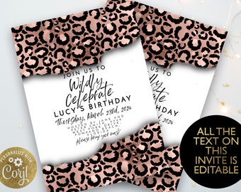 Editable Leopard Print Party Invitation Rose Gold Faux Glitter Animal Print Birthday Invite Instant Download Printable