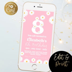 Paperless Mobile Daisy 8th Birthday Party Invitation Digital Invitation  Editable Birthday mobile phone invite Template SMS Invitation