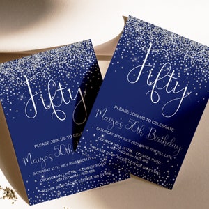 50th Birthday Invitation Navy and Silver Invitation 50th Editable Birthday Invite Instant Download Invite Template  Printable Invite
