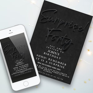 Surprise 40th Birthday Invitations for Him Black invitation Simple Elegant For Him or Her  Instant Download Printable SE19