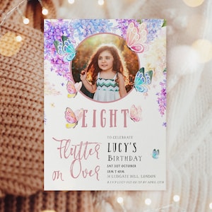 Schmetterling-Geburtstags-Einladung | Personalisierte Einladungskarte zum 8. Geburtstag Bearbeitbare Fotokarte | Pastel Flutter Theme druckbare Design