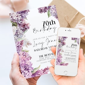 Floral Ladies 70th Birthday Invitation Lilac Flowers Birthday Party Invitation for Women Corjl Instant Download invite