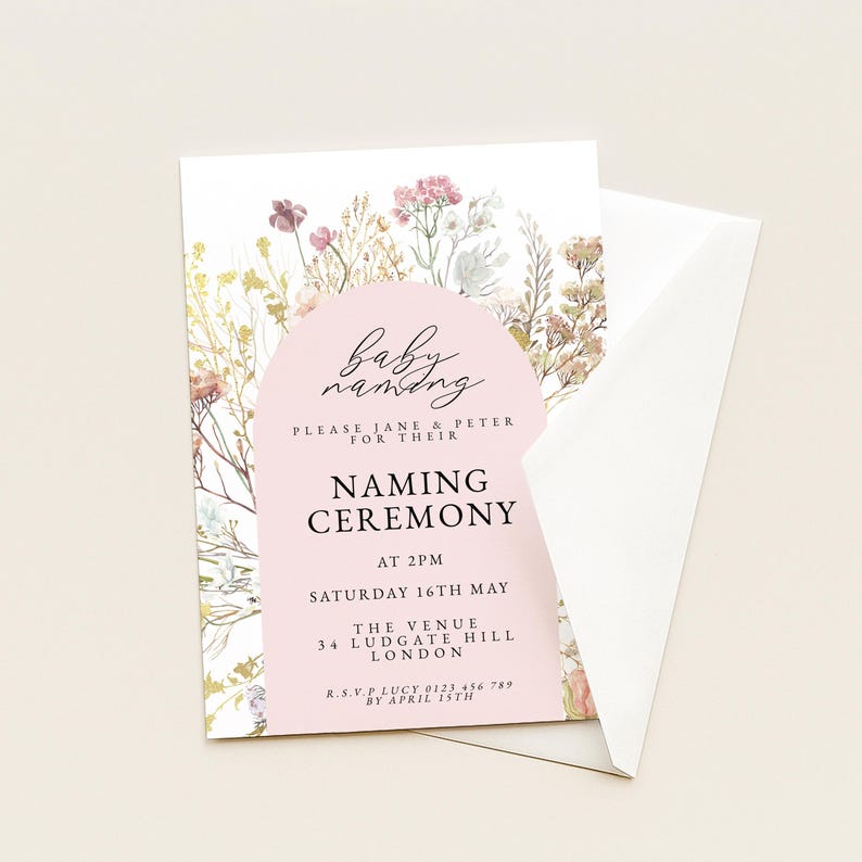 May include: A baby naming ceremony invitation with a floral design. The invitation features a pink arch with the words "baby naming" in script. The details include the time, date, and location. An envelope is partially visible.