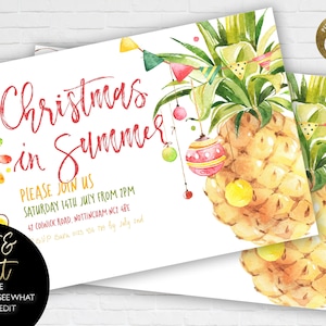 Christmas In Summer Party Invitation Editable Template Holiday invitation Tropical Pineapple Christmas Scene Printable Instant Download