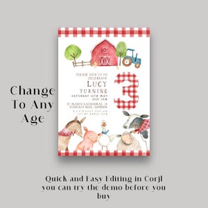 EDITABLE Farm Birthday Invitation, Barn Animals Party Invite Template Ranch Kids 3rd Birthday Red Boy Barnyard Animals Instant Download FM56