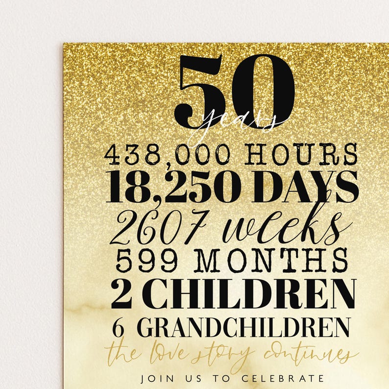 The image is a 50th anniversary invitation with a gold glitter background and text detailing the number of years, hours, days, weeks, months, and children involved in the celebration.