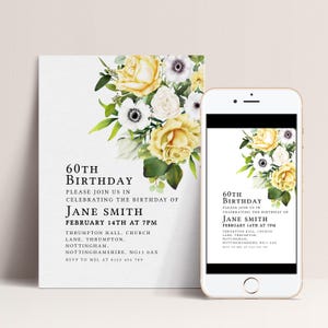a birthday invitation for Jane Smith's 60th birthday, featuring a floral design with yellow roses and white flowers. The invitation is for a party at Thompson Hall, located in Northhampton, Manchester, and invites guests to join her on February 14th at 7 PM. The invitation also provides a mobile phone number for further information.