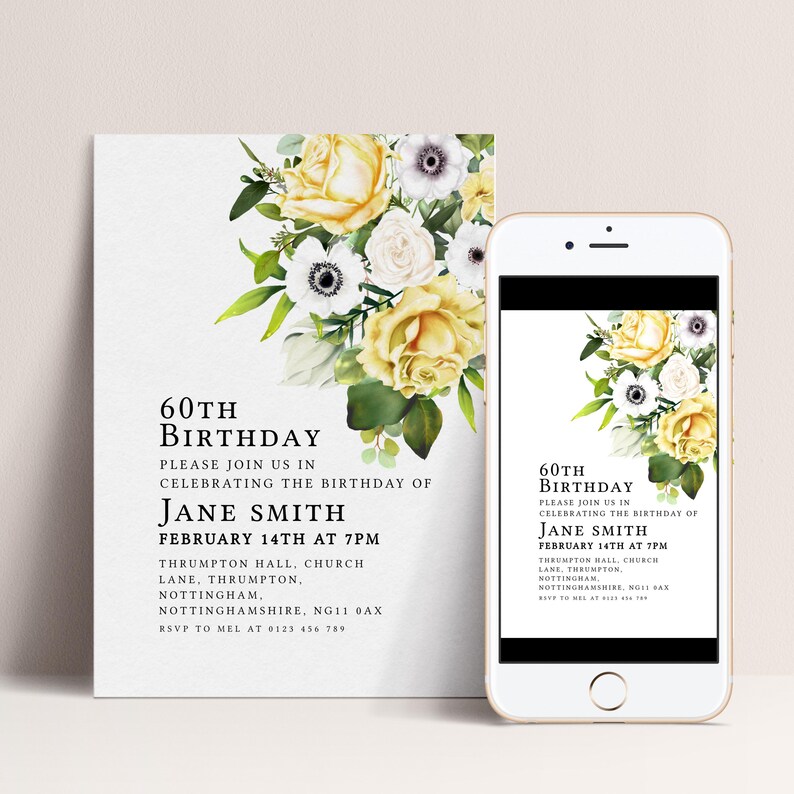 a birthday invitation for Jane Smith's 60th birthday, featuring a floral design with yellow roses and white flowers. The invitation is for a party at Thompson Hall, located in Northhampton, Manchester, and invites guests to join her on February 14th at 7 PM. The invitation also provides a mobile phone number for further information.