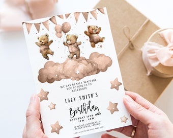 Kids Party Invitation Editable Teddybear Watercolour Printable Boho Children Party Birthday Invite Editable Download Template