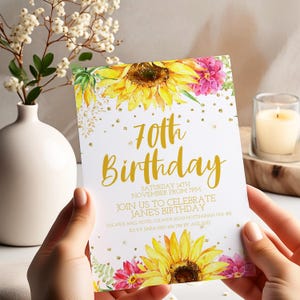 Invitation 70e anniversaire tournesol pour femme, invitation à une fête florale modifiable, modèle d'étape aquarelle or, téléchargement numérique immédiat
