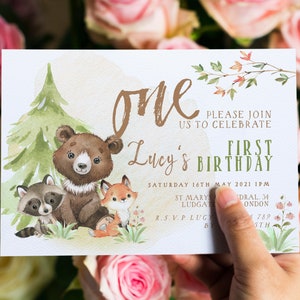 Woodland 1st Birtdhay Invitation EDITABLE Gender Neutral Woodland Animals Invitations Digital Woodland Theme Invites Instant download WD56