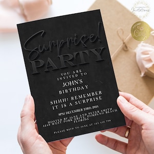Surprise Birthday Invitation, Black Simple Invite for Him , Surprise Party, editable template, Instant Download  SE19