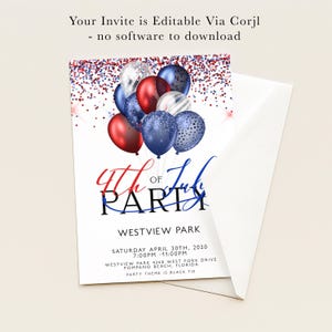 The image is a party invitation for a 4th of July party at Westview Park.