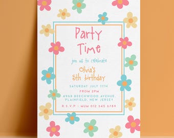 5th Fifth Birthday Invitation Template, Daisy Flower Editable Invite, Pastel Digital Download, Kids Printable Card