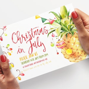 Christmas In July Party Invitation Editable Template Holiday invitation Tropical Pineapple Christmas Scene Printable Instant Download