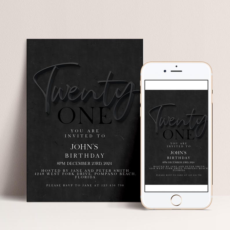 The image is a black and white invitation for a birthday party, featuring the text "You are invited to John's birthday" and the date "8PM DECEMBER 3RD, 2023".